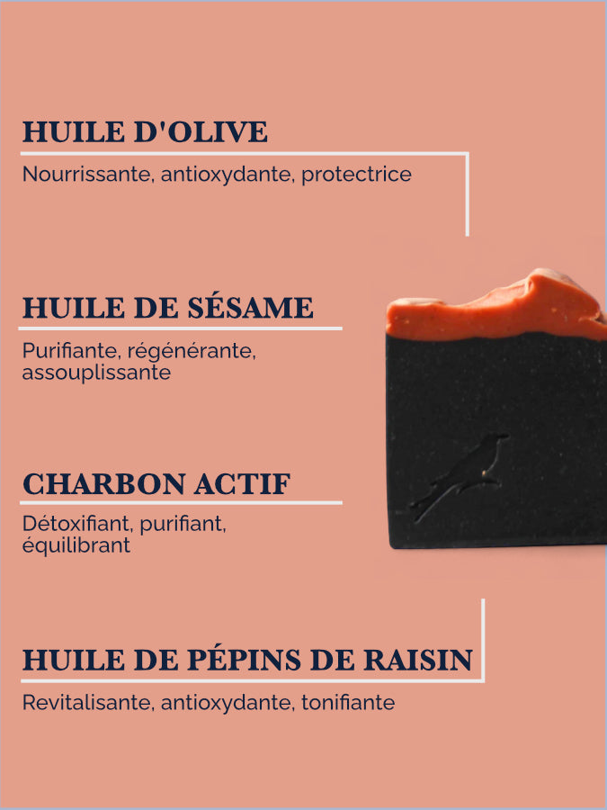 Ingrédients du savon ELIXIR : charbon actif de coco, menthe poivrée, sésame