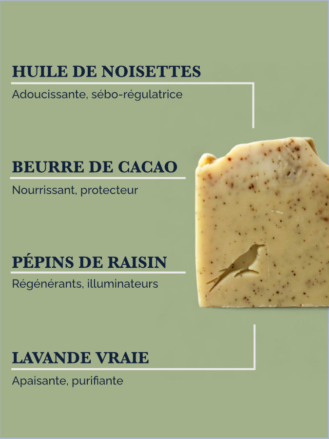 Ingrédients du savon NOSTALGIA : pépins de raisin, argile blanche, lavande